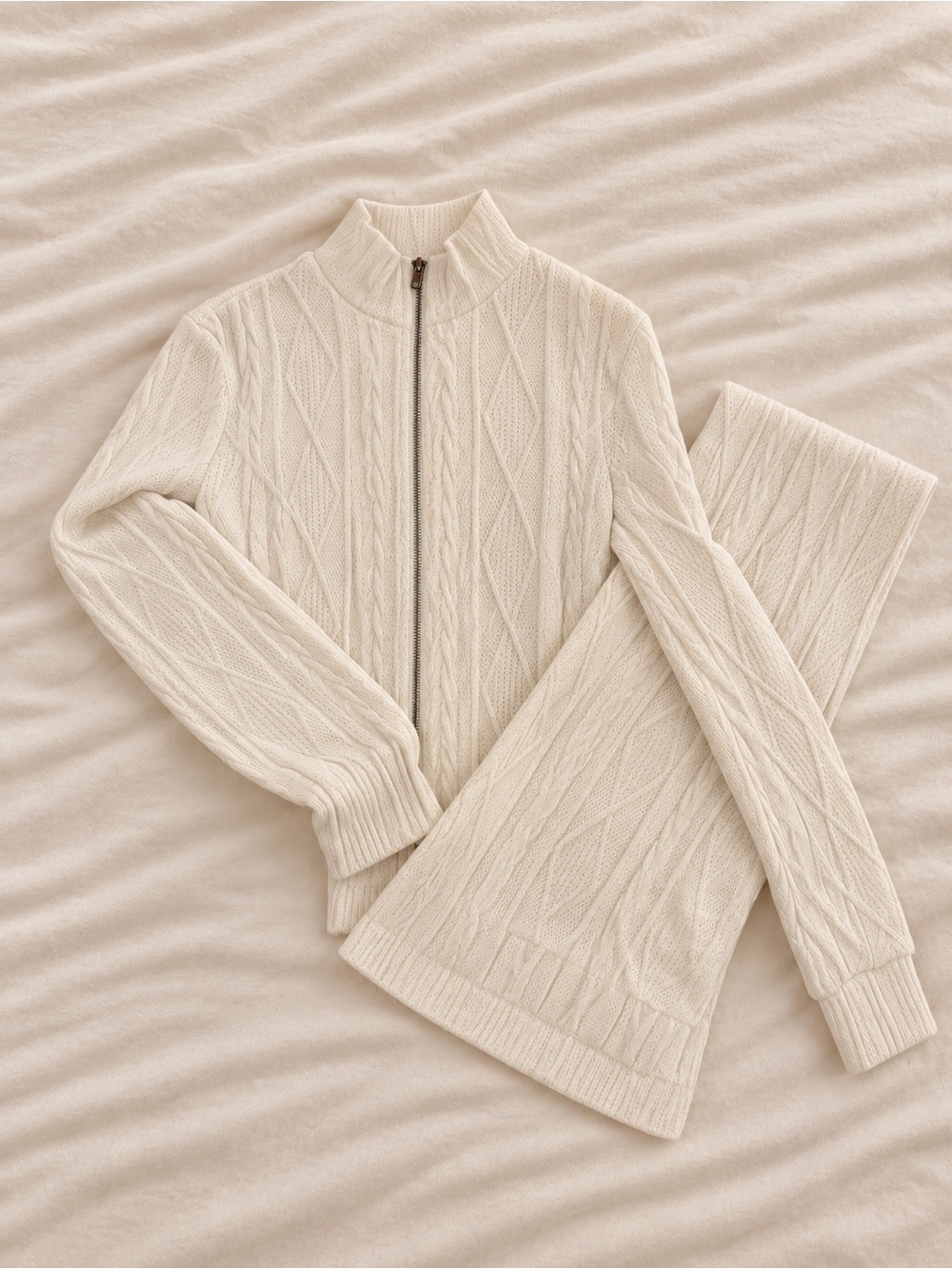 SHEIN Cream Cable Knit Full-Zip Turtleneck Sweater